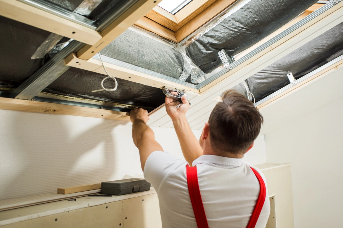 Installation d'une fenêtre de toit Velux par un professionnel.